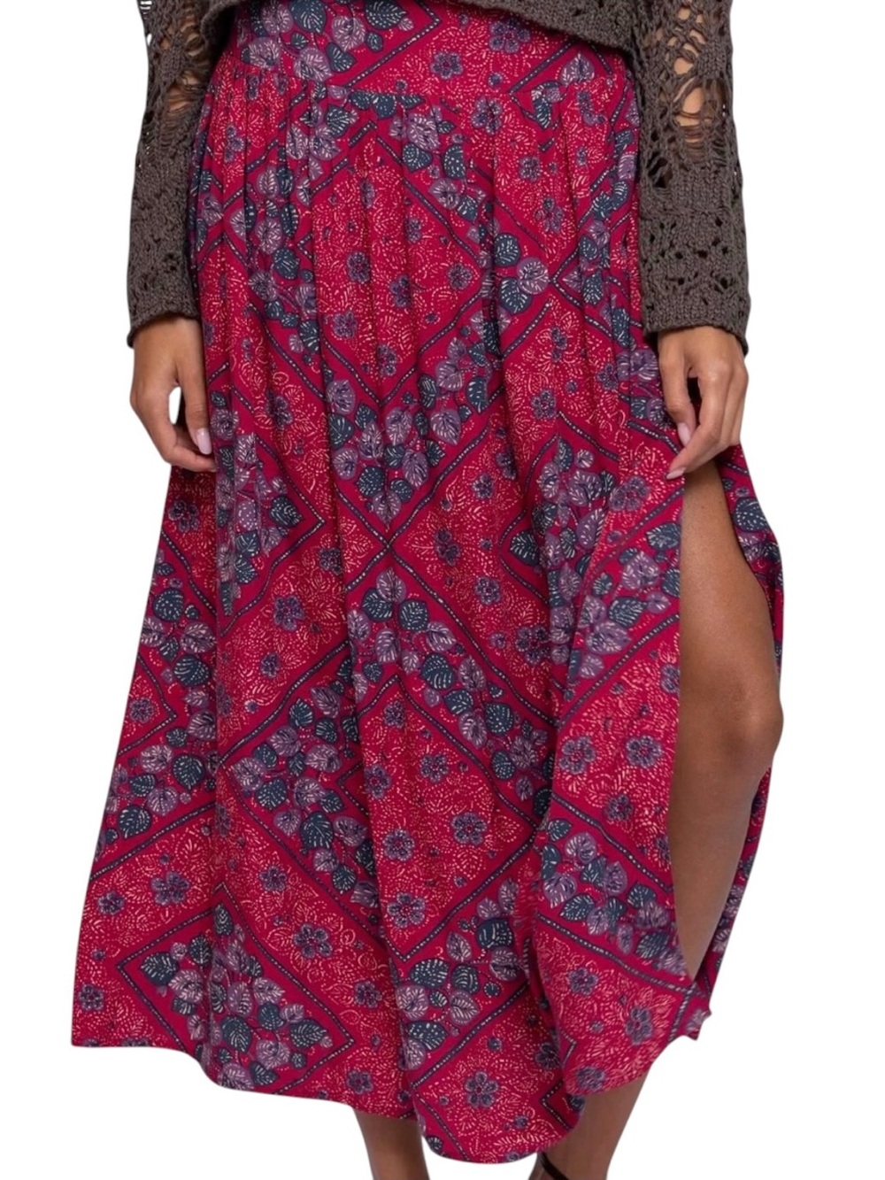Natural Life Addie Midi Skirt XS NWT Red Batik Bandana Rayon Side Slit